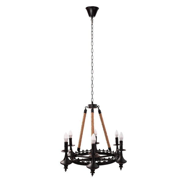 Matte black metal hemp rope chandelier with 6xe14 main