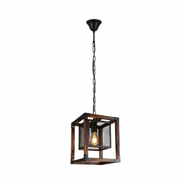 Main image of Wood Cube Black Cage Lantern Rustic Pendant Ceiling Light with E27 Fitting | TEKLED 156-19528