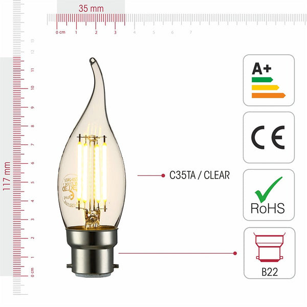 Visual representation of product measurement and certification of led filament bulb candle c35 tail b22 bayonet cap 4w 400lm warm white 2700k clear pack of 6/10