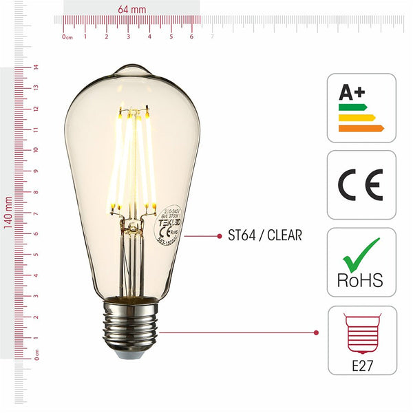 Visual representation of product measurement and certification of led dimmable filament bulb edison st64 e27 edison screw 6w 600lm warm white 2700k clear pack of 2