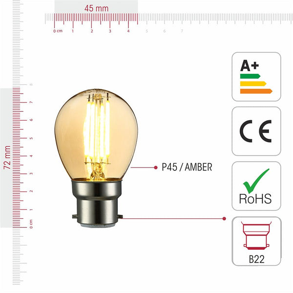 Visual representation of product measurement and certification of led filament bulb golf ball g45 b22 bayonet cap 4w 400lm warm white 2500k amber pack of 6