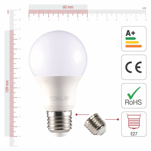 Visual representation of product measurement and certification of virgo led gls bulb a60 dimmable e27 edison screw 7w 4000k cool white pack of 2
