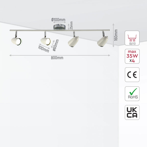 Size and specs of 4 Way Skurupp Rod Spotlight with GU10 Fitting Chrome White | TEKLED 172-03102