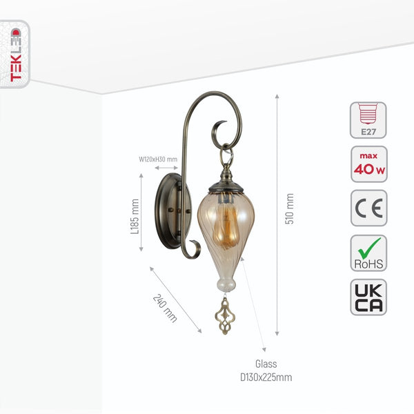 Size and specs of Amber Glass Antique Bronze Metal Body Moroccan Style Wall Light with E27 Fitting | TEKLED 151-19452