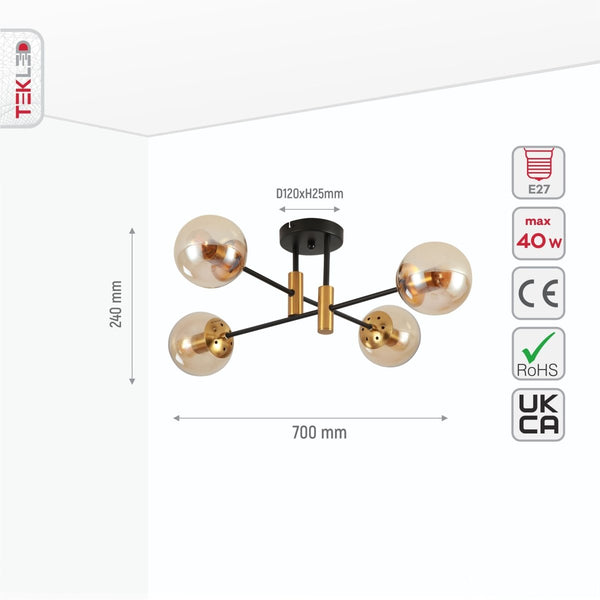Size and specs of Amber Glass Globe Gold and Black Metal Semi Flush Ceiling Light with 4xE27 Fitting | TEKLED 159-17426