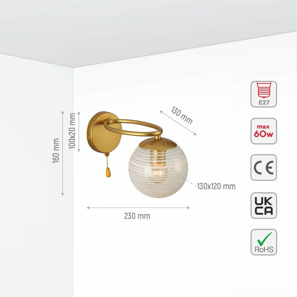 Size and specs of Amber Globe Glass Gold Metal Ellipse Vintage Retro Wall Light with Pull Down Switch E27 Fitting | TEKLED 151-19788