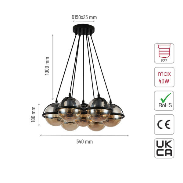 Size and specs of Amber Globe Glasses Daisy Modern Ceiling Light with 7xE27 Fittings | TEKLED 150-18105
