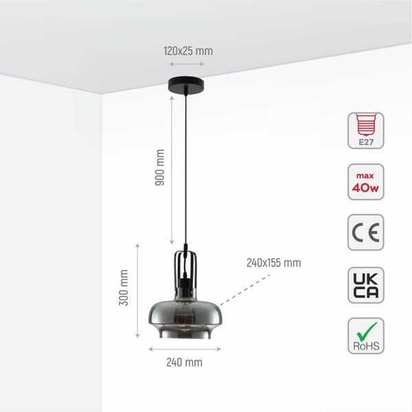 Size and specs of Black Metal Smoky Glass Step Pendant Ceiling Light D240 with E27 Fitting | TEKLED 158-19744