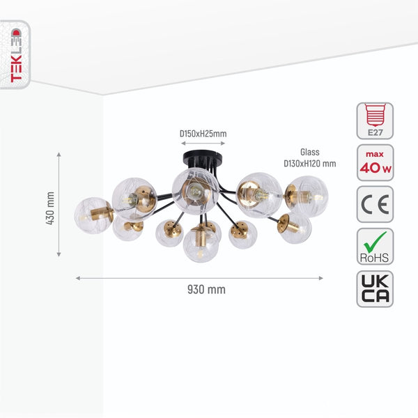 Size and specs of Clear Globe Glass Black Metal Semi Flush Ceiling Light with 11xE27 Fittings | TEKLED 159-17418