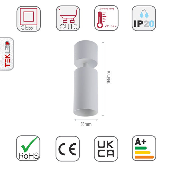 Size and specs of Cyclinder Downlight White Surface Mount Rotatable with GU10 Fitting | TEKLED 172-03026