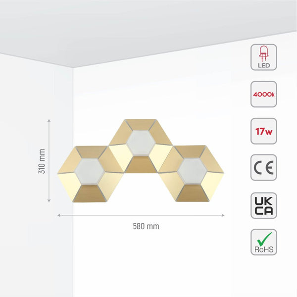 Size and specs of Honeycomb Gold Opal Contemporary Modern Triple Wall Light 17W 4000K Natural Cool White | TEKLED 158-19820