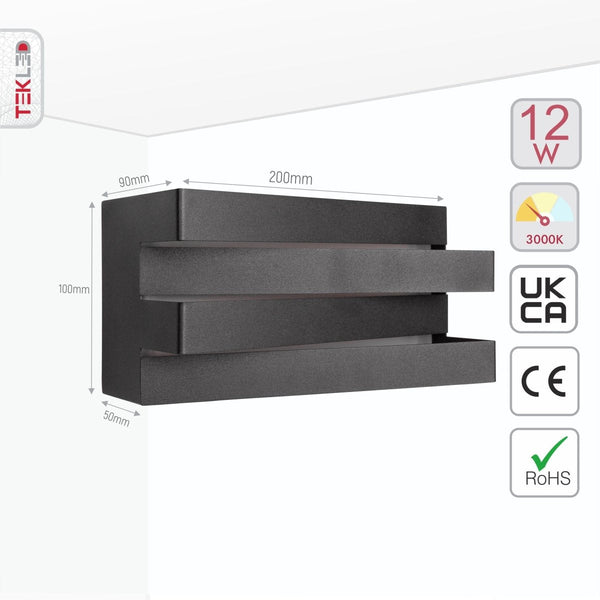 Size and specs of LED Black Metal Wall Light 12W Warm White 3000K | TEKLED 151-19534
