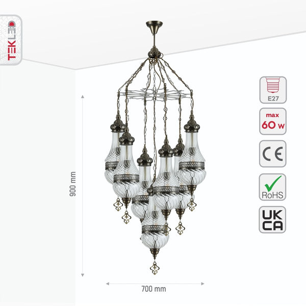 Size and specs of Moroccan Style Antique Brass and Clear Glass Chandelier with 7xE27 | TEKLED 158-19557