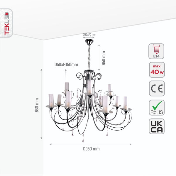 Size and specs of Opal Cylinder Glass Chrome Metal 12 Arm Chandelier with 12xE14 Fitting | TEKLED 158-17820