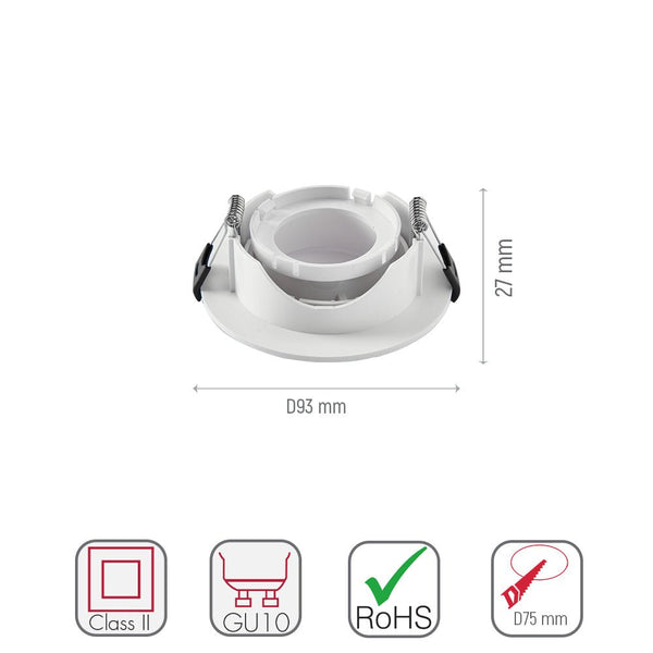 Size and specs of Round Polycarbonate Tilt Recessed Downlight GU10 White or Black | TEKLED 164-03021