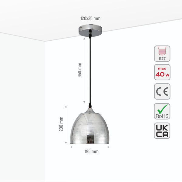 Size and specs of Silver Grey Glass Dome Pendant Ceiling Light with E27 Fitting | TEKLED 150-18012