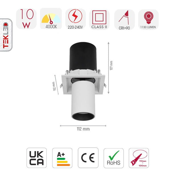 Size and specs of Telescopic Swivel Adjustable In-Out LED Downlight 10W Cool White 4000K White | TEKLED 165-03938