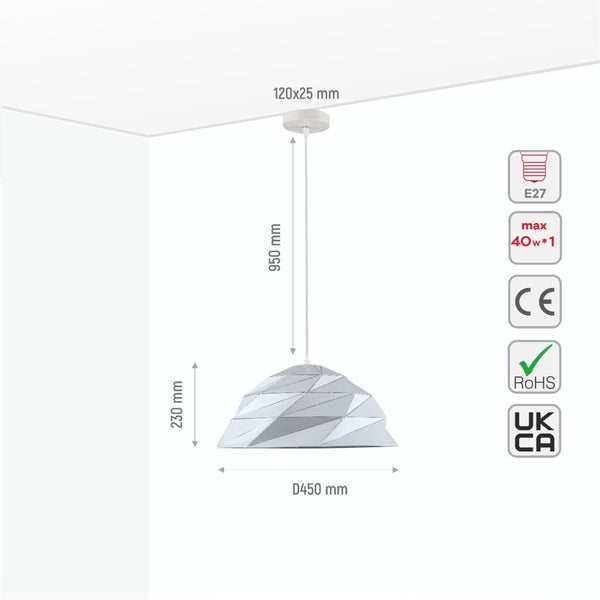 Size and specs of White Metal Laser Cut Dome Modern Pendant Light D450 with E27 Fitting | TEKLED 150-18148
