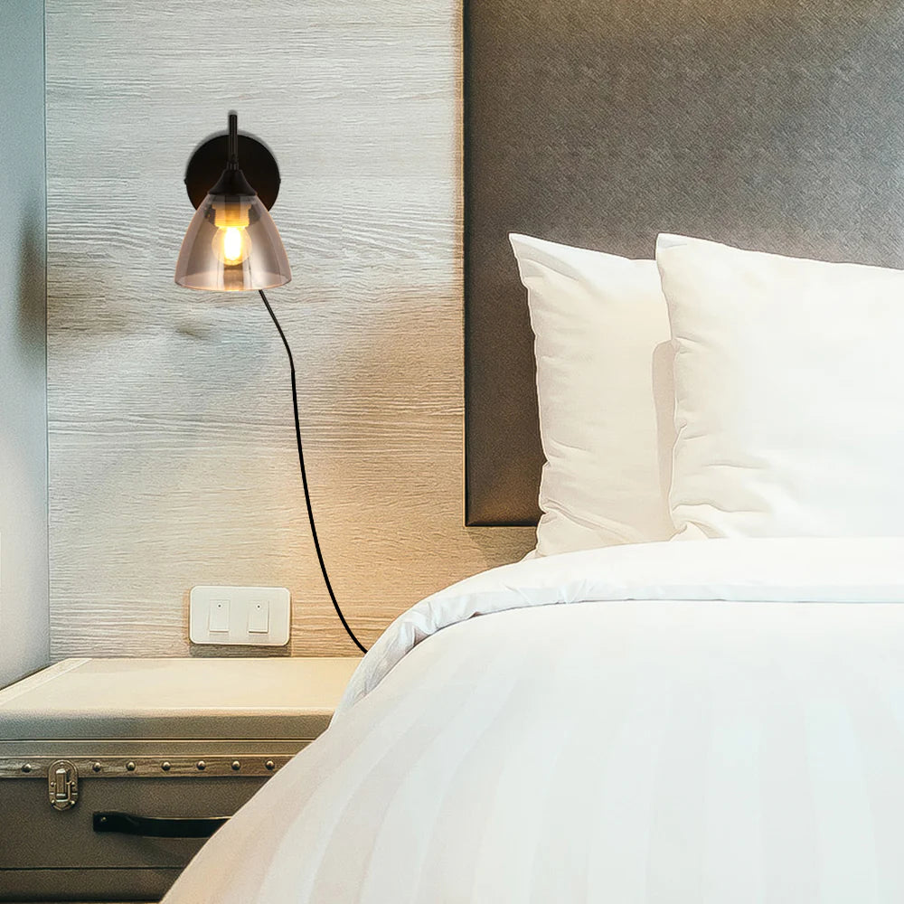 Modern Plug-In Wall Light with Smoky Glass Shade 3