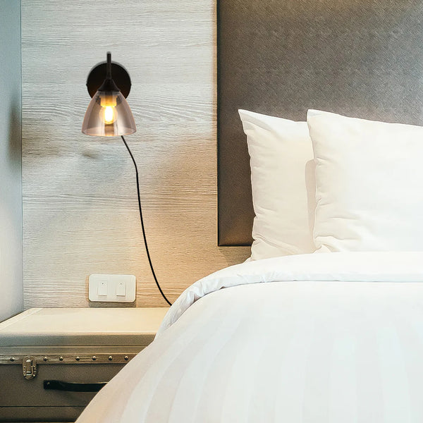 Modern Plug-In Wall Light with Smoky Glass Shade 3