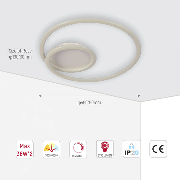 Modern Spiral LED Ceiling Light CCT Tunable and Dimmable with Remote 72W, LED Flush Ceiling Light, TEKLED