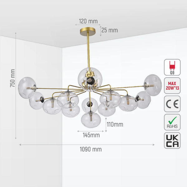 Close up of Multi-Arm Dimpled Globe Ceiling Light Elegant Gold | TEKLED 158-19704