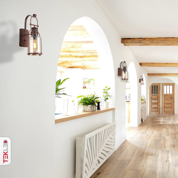Indoor usage of Old Brown Metal Amber Glass Cylinder Wall Light with E27 Fitting