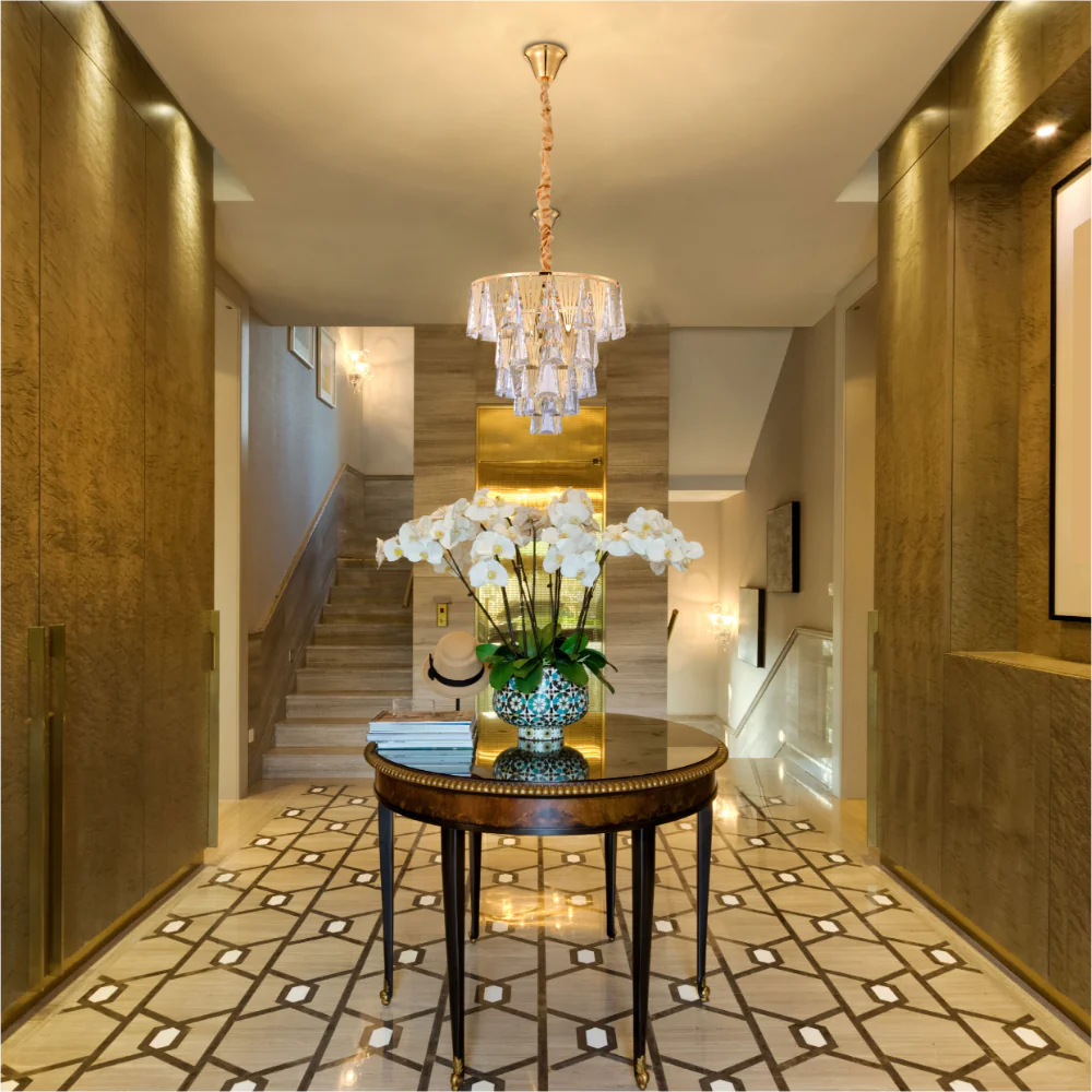 Opulent Gold Chandelier Ceiling Light with Triangular Crystal Elegance ...