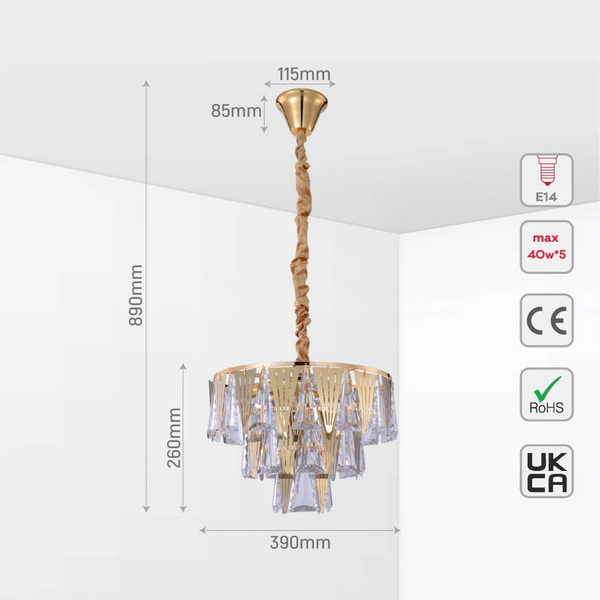 Size and tech specs of Opulent Gold Chandelier Ceiling Light with Triangular Crystal Elegance | TEKLED 159-17912