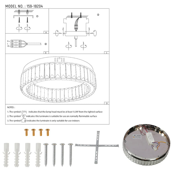 Ring Crystal Chrome Flush Ceiling Chandelier Light with Remote Control 3 Colour 15