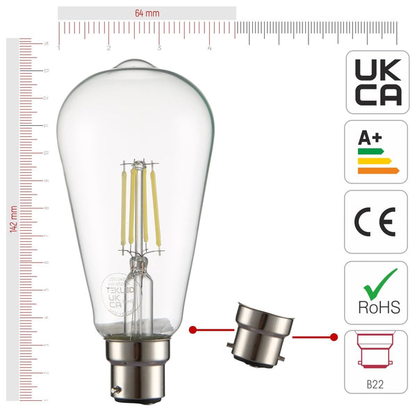 Size and certifications of LED Filament Bulb ST64 Edison B22 Bayonet Cap 4W 470lm Cool Daylight 6500K Clear Pack of 4 | TEKLED 583-150285