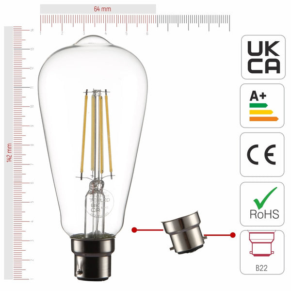 Size and certifications of LED Filament Bulb ST64 Edison B22 Bayonet Cap 6.5W 806lm Cool White 4000K Clear Pack of 4 | TEKLED 583-150305
