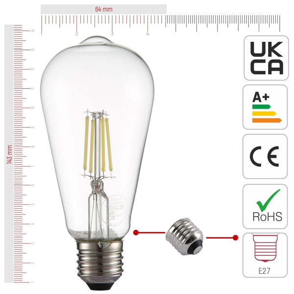 Size and certifications of LED Filament Bulb ST64 Edison E27 Edison Screw 4W 470lm Cool Daylight 6500K Clear Pack of 4 | TEKLED 583-150284