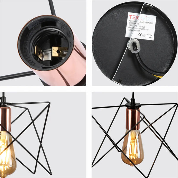 Close shot of the Star Cage Pendant Light with Rose Gold Accent and Black Metal Frame-159-17026