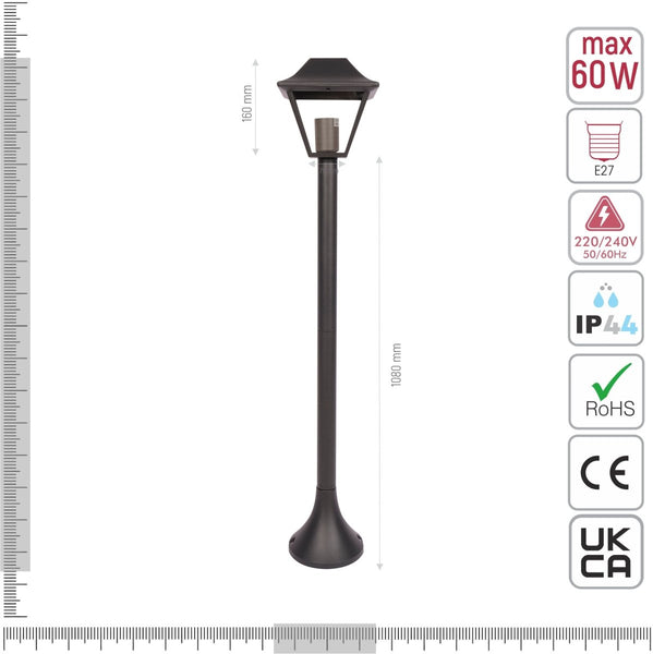 Technical specifications and measurements for Bollard Lawn Lamp 1M Pole Matt Black Clear Glass E27