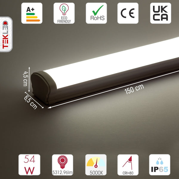 Technical specs and measurements for LED Tri-proof Batten Linear Fitting 54W 5000K Cool White IP65 150cm 5ft