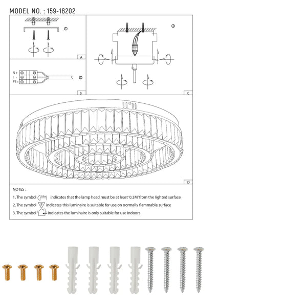 Triple Nested Ring Crystal Flush Ceiling Chandelier Light with Remote Control 3 Colour D600mm 8