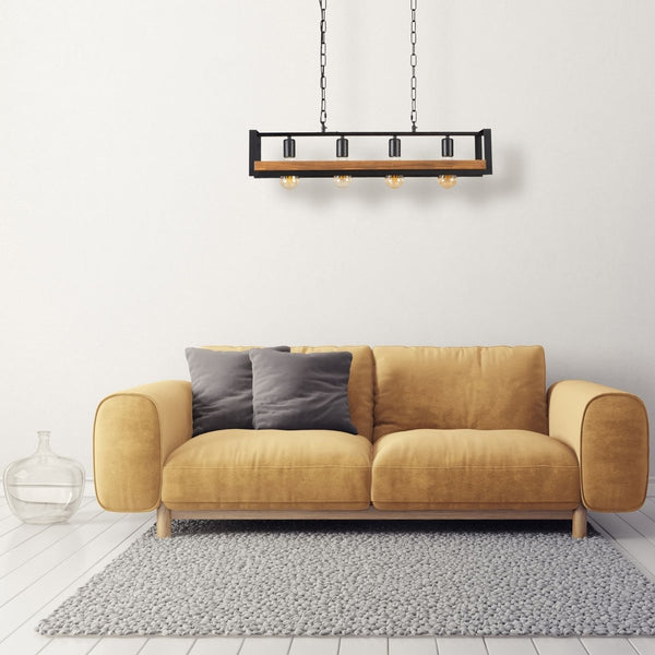 Black metal wood cuboid island chandelier with 4xe27 fitting in indoor setting 156-19520 living room lobby