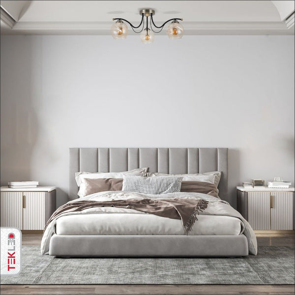 Amber Glass Dome Black And Antique Brass Metal Semi Flush Ceiling Light 3Xe27 in indoor setting bedroom
