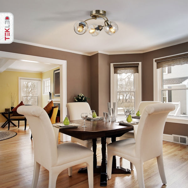 Amber Glass Antique Brass Semi Flush Ceiling Light 3Xe14 in indoor setting dining room