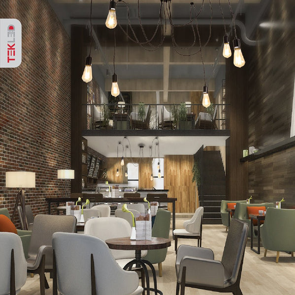 Black cord spider chandelier with 6xe27 fitting in indoor setting cafe restaurent