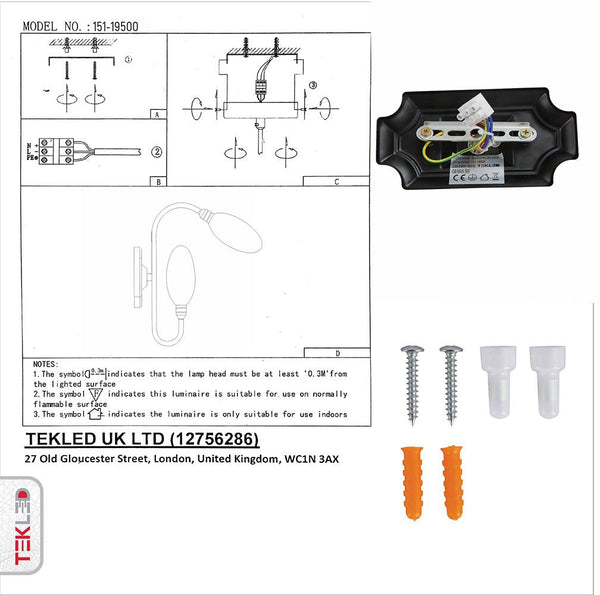 User manual and box content of Black Body Amber Glass Wall Light with 2xG9 Fitting
