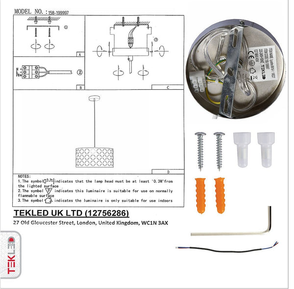 User manual and box content of black-gold fabric cylinder pendant light e27