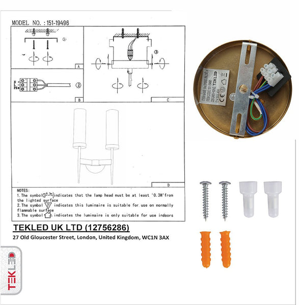 User manual and box content of Gold Aluminium Bronze Cylinder Clear Glass Wall Light with 2xE14 Fitting