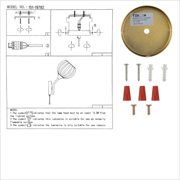 User manual for Amber Reeded Globe Glass Gold Metal Vintage Retro Wall Light with Pull Down Switch E27 Fitting | TEKLED 151-19782