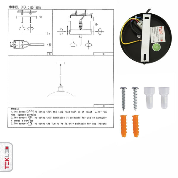 User manual for Black Flat Dome Industrial Metal Ceiling Pendant Light with E27 Fitting | TEKLED 150-18354