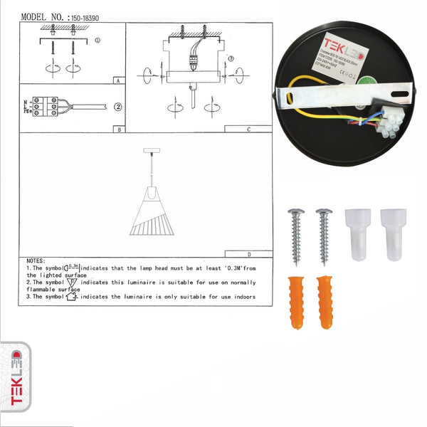 User manual for Black Wood Funnel Cone Caged Shuttlecock Nordic Metal Ceiling Pendant Light with E27 Fitting | TEKLED 150-18390