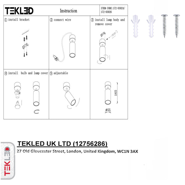 User manual for Cyclinder Downlight Black Surface Mount Rotatable with GU10 Fitting | TEKLED 172-03024