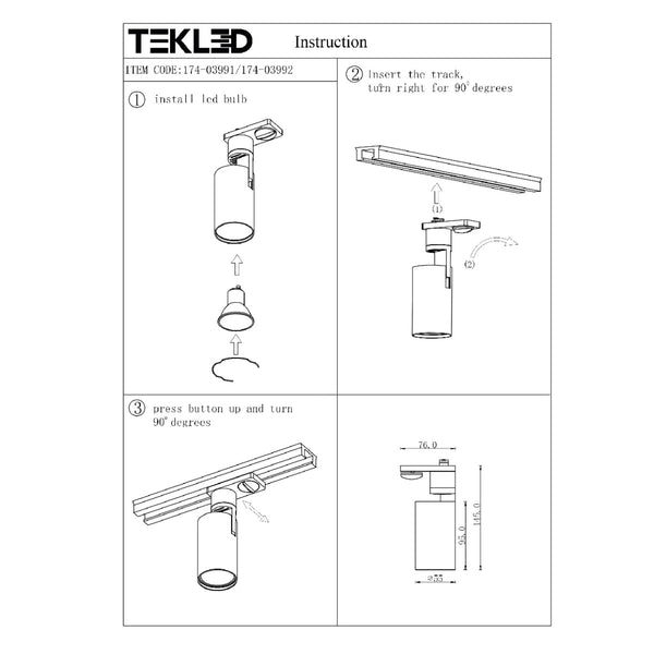 User manual for Diecast Tracklight Spotlight Single Line GU10 Black | TEKLED 174-03991