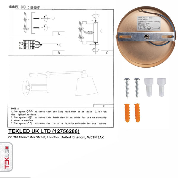 User manual for Golden Black Metal Swing Arm Hinged White Frustum Wall Light with E27 Fitting | TEKLED 151-19634